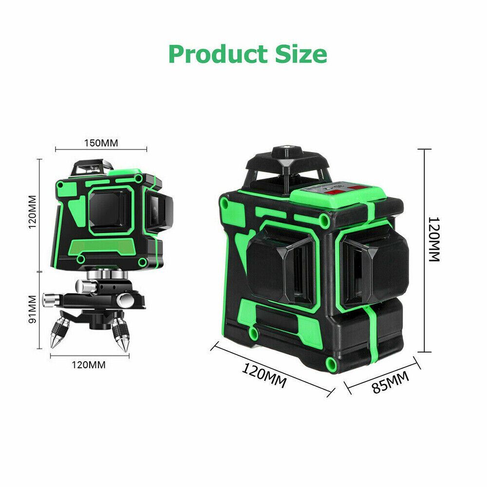 12 Line Laser Level Green Self Leveling 3D Cross Measure Tool Kit + 2 Batteries