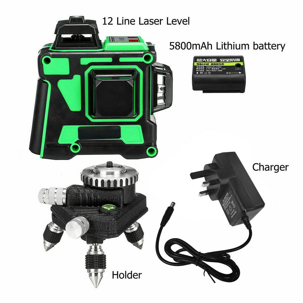 12 Line Laser Level Green Self Leveling 3D Cross Measure Tool Kit + 2 Batteries