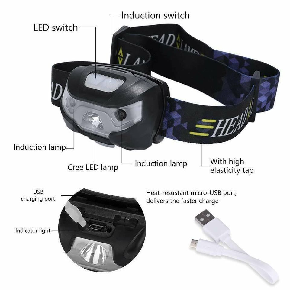 Super Bright Waterproof Head Torch Headlight LED CREE USB Rechargeable Headlamp
