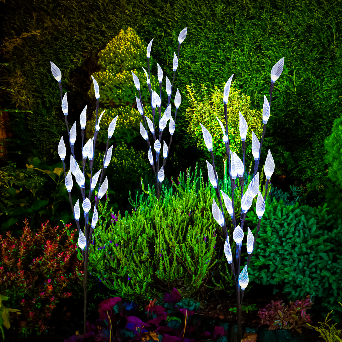 3Pcs GARDEN OUTDOOR ORNAMENTAL BRANCH 60 LED TREE LEAF SOLAR LIGHT BRIGHT NIGHT