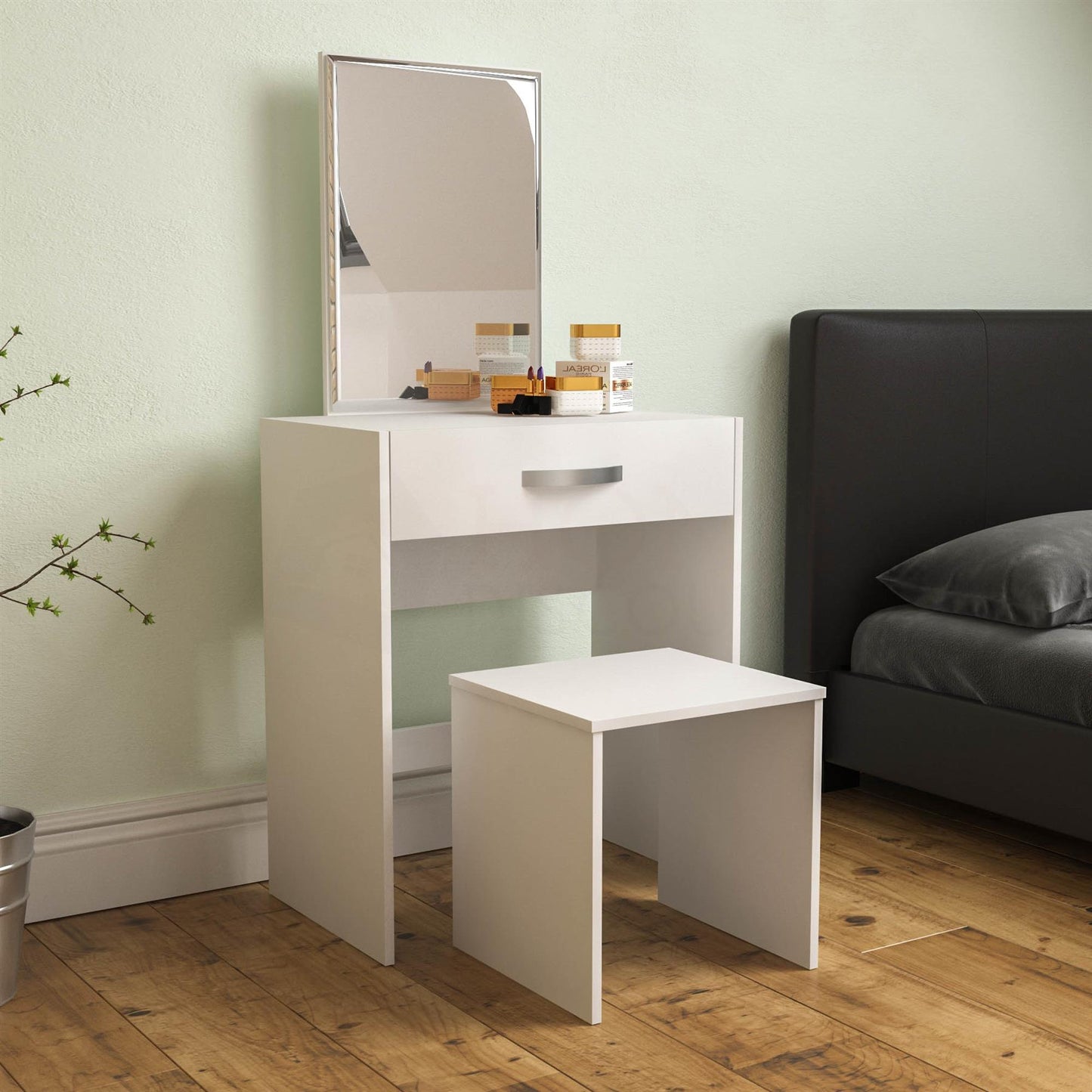 1 Drawer Dressing Table Modern Makeup Desk Mirror Stool Vanity Set Bedroom