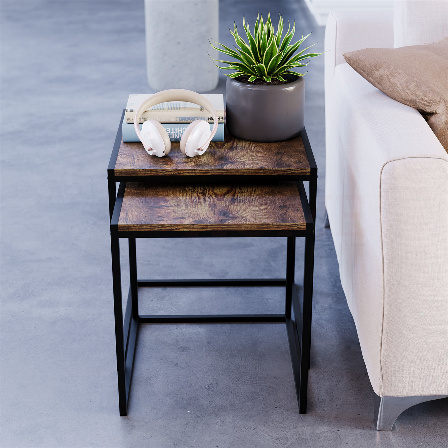 Industrial Nest of Tables Set of 2 Coffee Side End Table Living Room Furniture