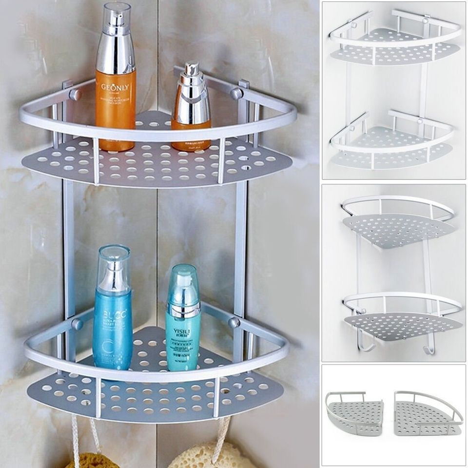 2 Tiers Metal Shower Bathroom Shelf Corner Caddy Basket Shampoo Storage Shelves