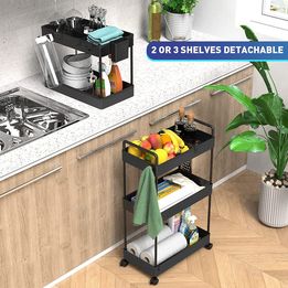 3 Tier Rolling Cart Storage Organizer Utility Rolling Cart with Hooks FREE SHIPPING
