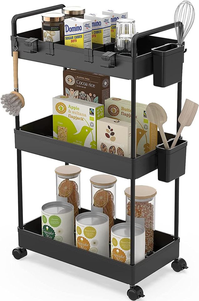 3 Tier Rolling Cart Storage Organizer Utility Rolling Cart with Hooks FREE SHIPPING