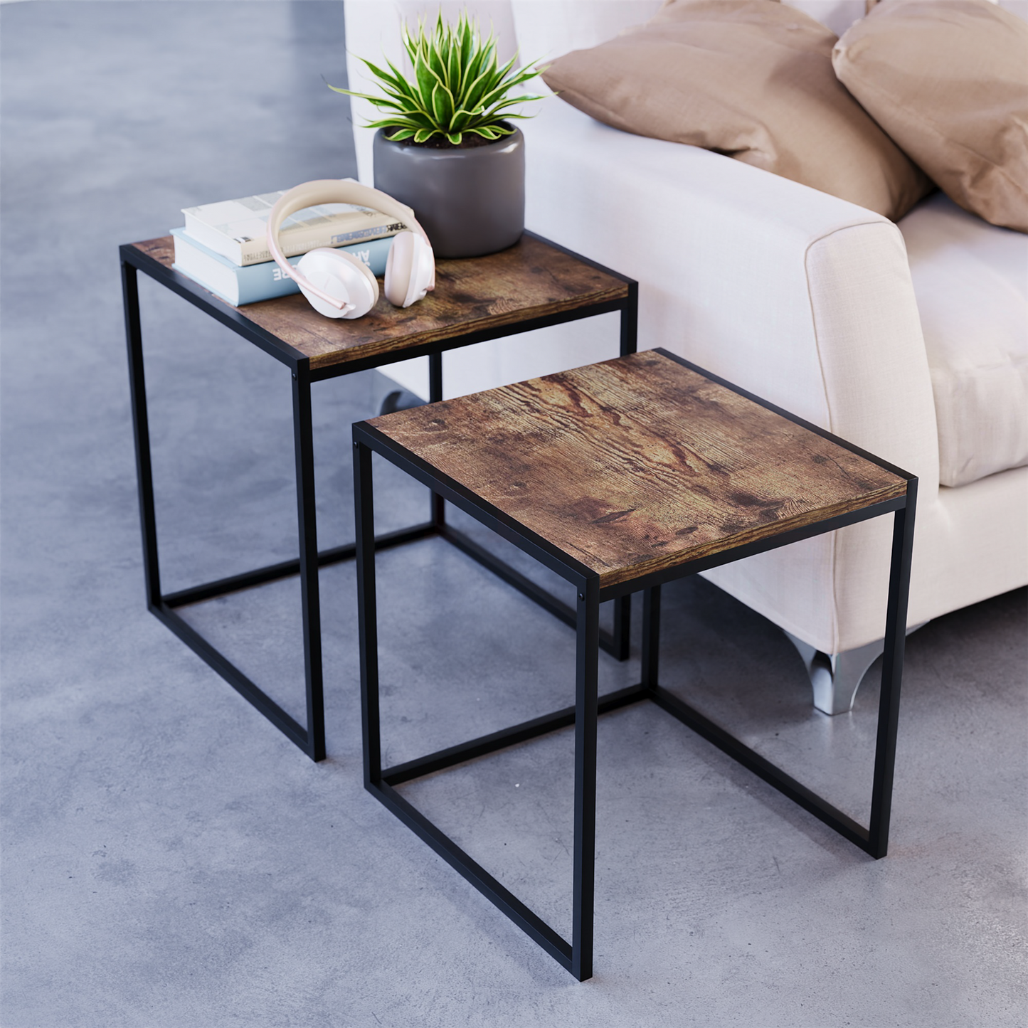 Industrial Nest of Tables Set of 2 Coffee Side End Table Living Room Furniture