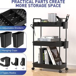 3 Tier Rolling Cart Storage Organizer Utility Rolling Cart with Hooks FREE SHIPPING