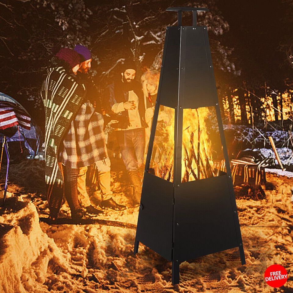 Metal Pyramid Chiminea Large Fire Pit Heater Outdoor Patio Black Wood Burn