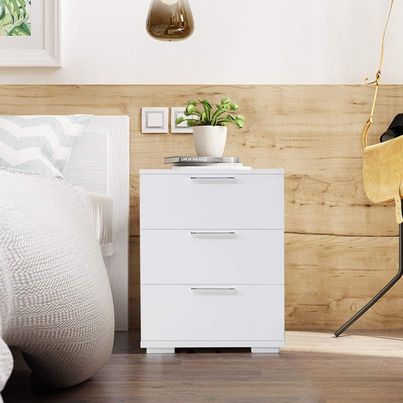 White Bedside Table Storage Cabinet 3 Drawers High Gloss Front Nightstand