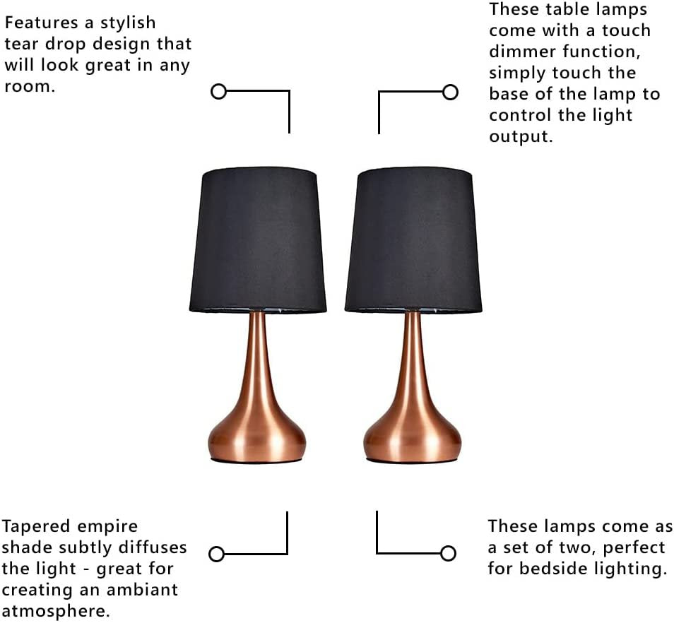 NEW! Pair of Lamp Modern Chrome Teardrop Touch Bed Side Table Lamps with Black Fabric Shade