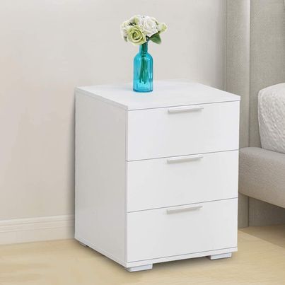 White Bedside Table Storage Cabinet 3 Drawers High Gloss Front Nightstand