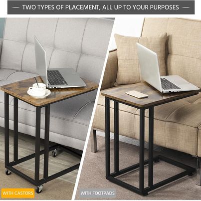 NEW! Side Table with Wheels, C Shaped Sofa Side Table with Sturdy Metal Frame for Small Space
