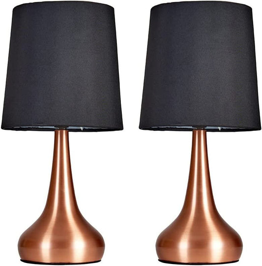 NEW! Pair of Lamp Modern Chrome Teardrop Touch Bed Side Table Lamps with Black Fabric Shade