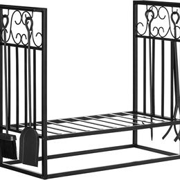 NEW! Steel Firewood Log Holder Indoor Outdoor Firewood Rack Fireplace with 4 Tools Hooks Scrolls