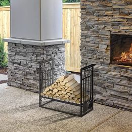 NEW! Steel Firewood Log Holder Indoor Outdoor Firewood Rack Fireplace with 4 Tools Hooks Scrolls