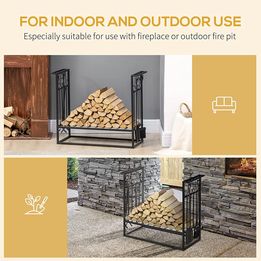 NEW! Steel Firewood Log Holder Indoor Outdoor Firewood Rack Fireplace with 4 Tools Hooks Scrolls