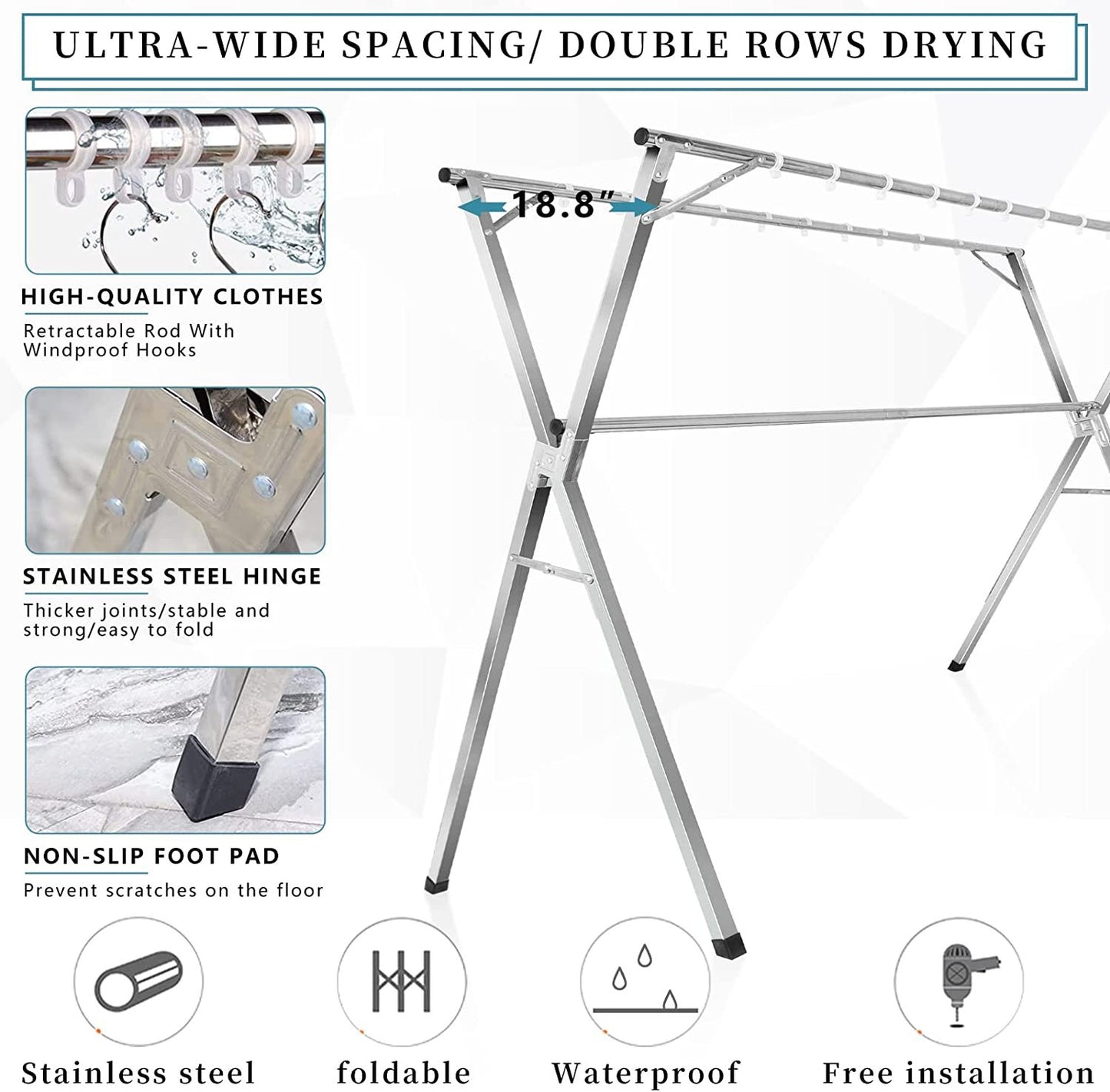 1.5M Retractable Stainless Steel Clothes Drying Rack w/ 20 PP Windproof Hooks Heavy Duty