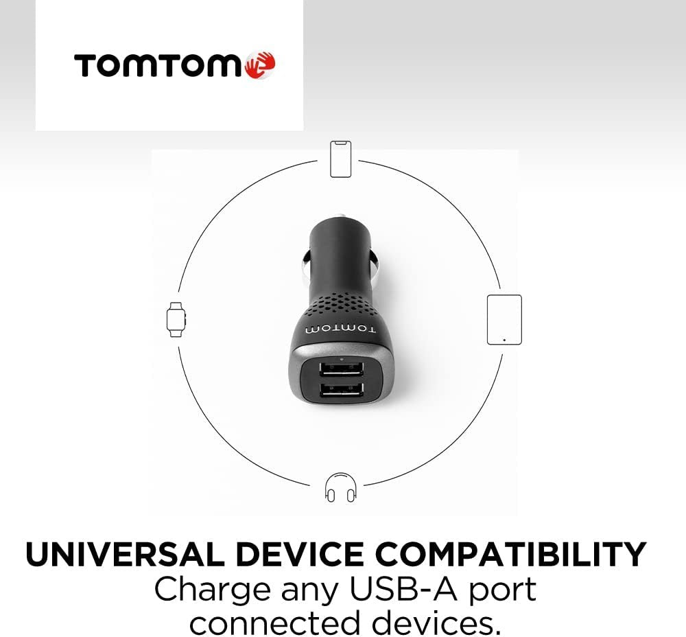 TomTom High Speed Dual Car Charger, 2.4A per port for all TomTom Sat Navs - Cables are not included
