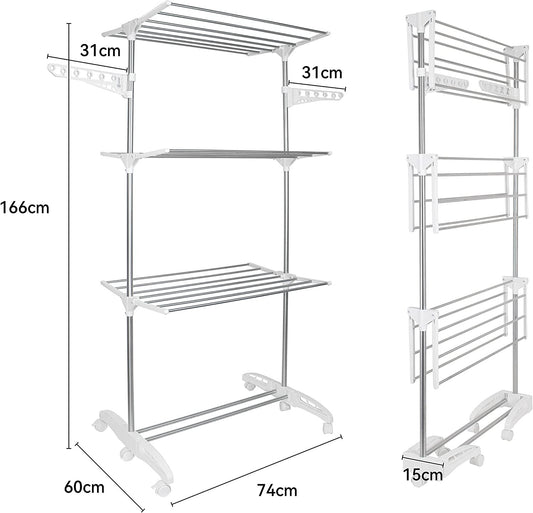 Extra Large 3 Tier Clothes Drying Rack Rail Stainless Steel Folds Flat For Easy Storage