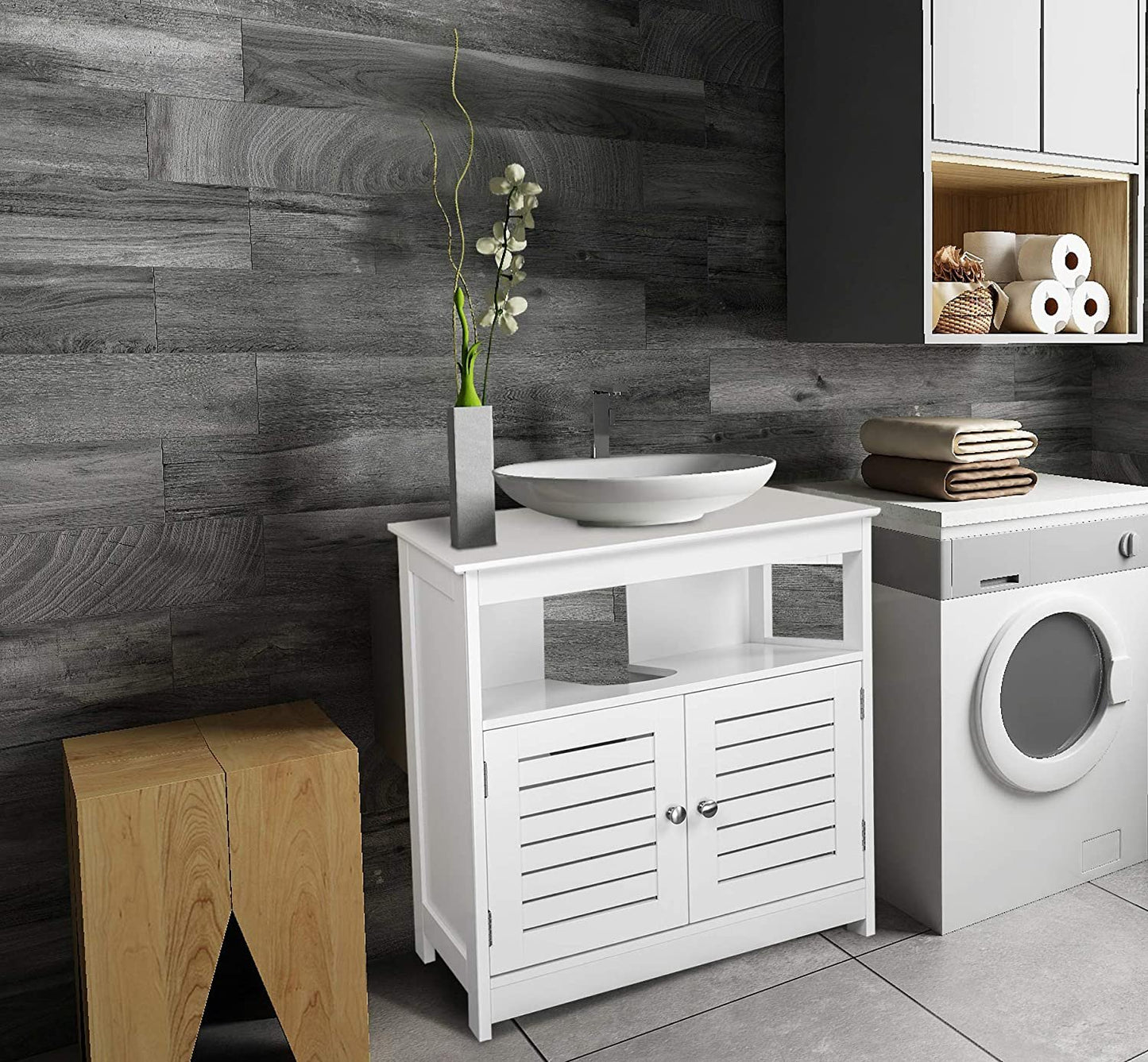 Under Sink Storage Bathroom Cabinet Cupboards Basin Unit with Extra Storage Shelf White