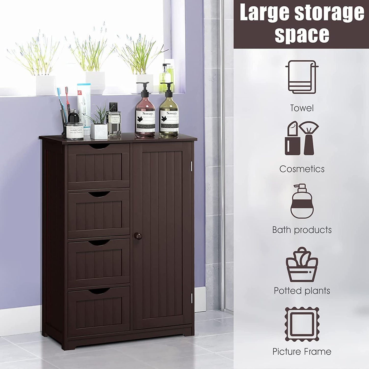 Storage Cabinet, Bathroom Floor Cabinet with 4 Drawers, Wooden Freestanding Cupboard