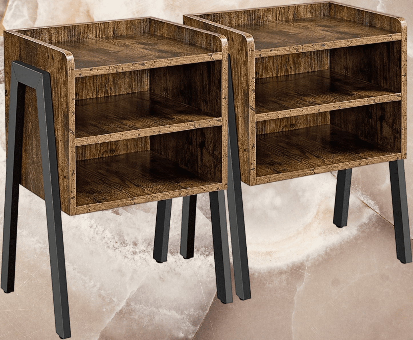2 Set Industrial Bedside Table, Wooden Nightstands with 3 Tier Open Drawer Rustic Brown