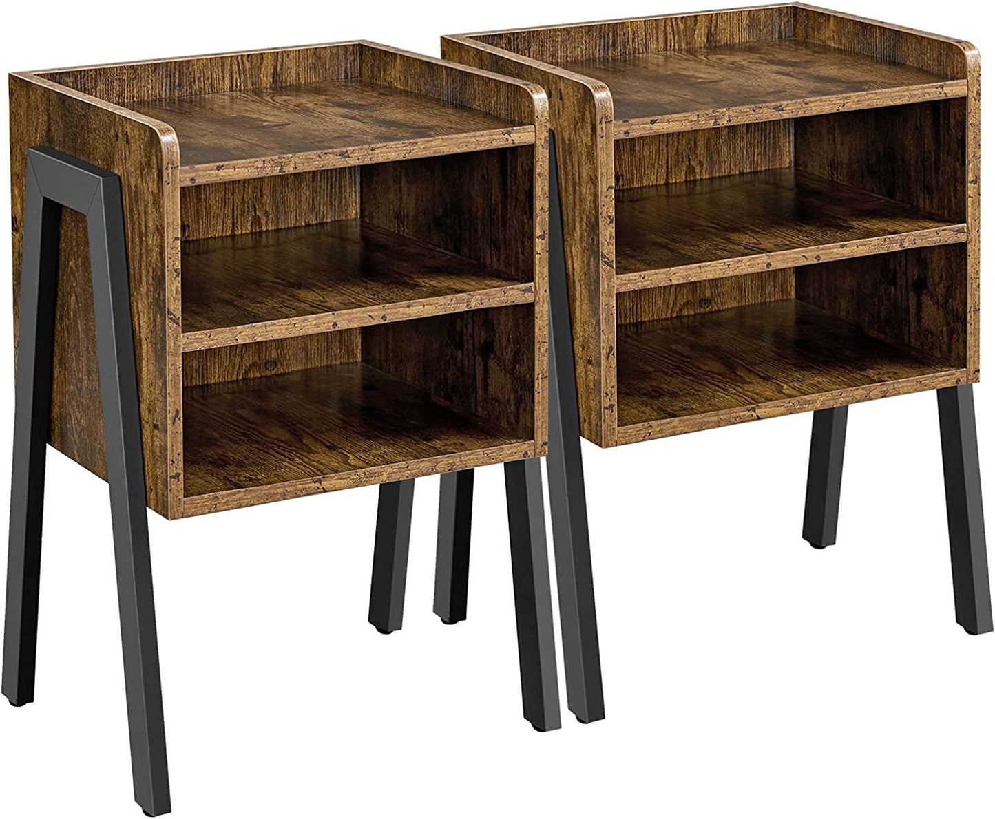 2 Set Industrial Bedside Table, Wooden Nightstands with 3 Tier Open Drawer Rustic Brown