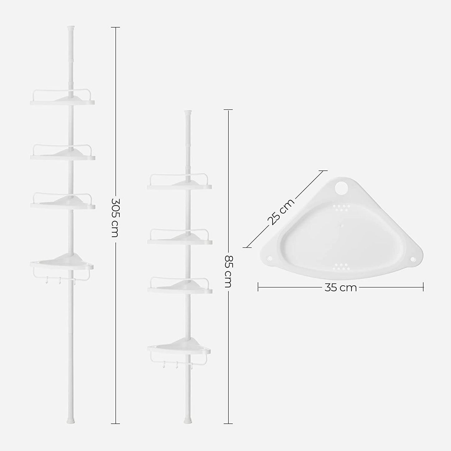 Adjustable Bathroom Corner Shelf, Telescopic Shower Caddy, with 4 Trays, 3 Hooks, White