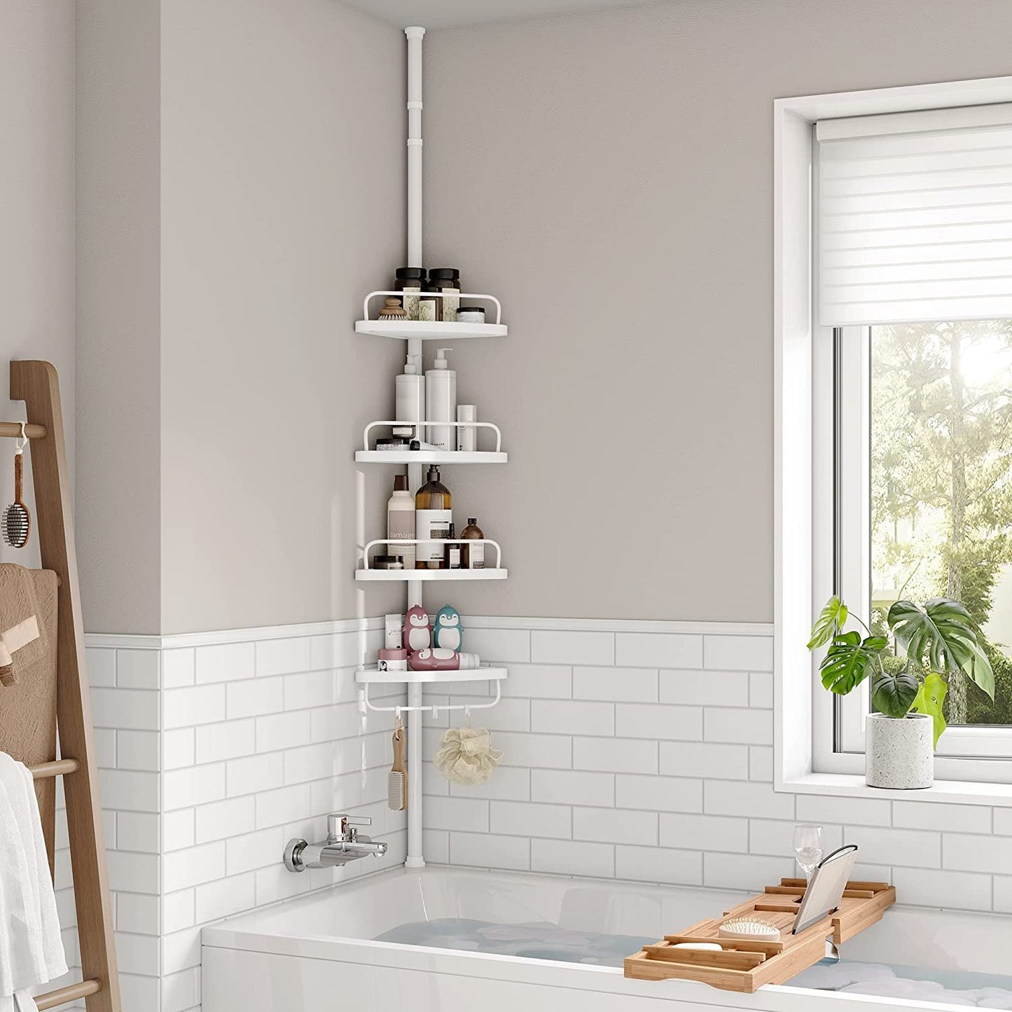 Adjustable Bathroom Corner Shelf, Telescopic Shower Caddy, with 4 Trays, 3 Hooks, White