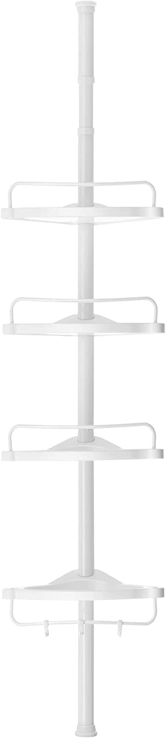 Adjustable Bathroom Corner Shelf, Telescopic Shower Caddy, with 4 Trays, 3 Hooks, White