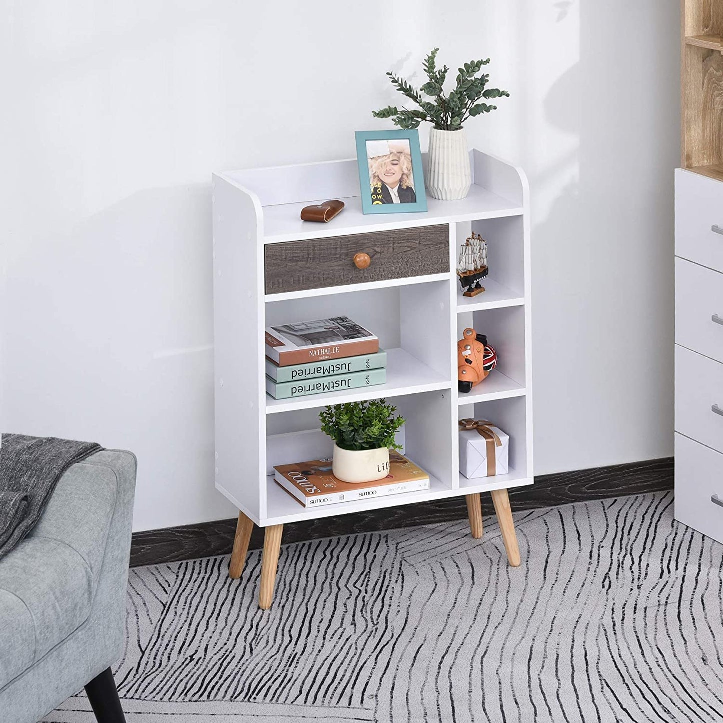 Sideboard Storage Bookcase Freestanding Drawer and 6 Shelves, White
