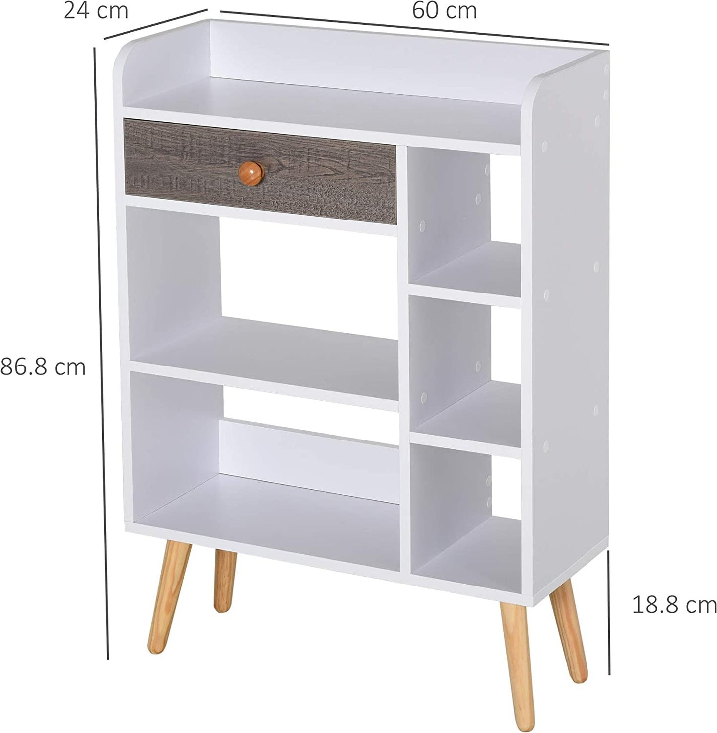 Sideboard Storage Bookcase Freestanding Drawer and 6 Shelves, White