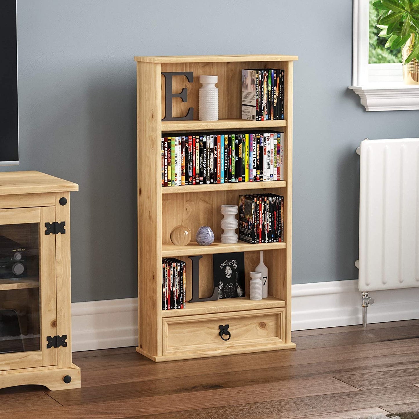 Corona Bookcase, 1 Drawer, Blu-ray/CD Rack, Solid Pine Wood
