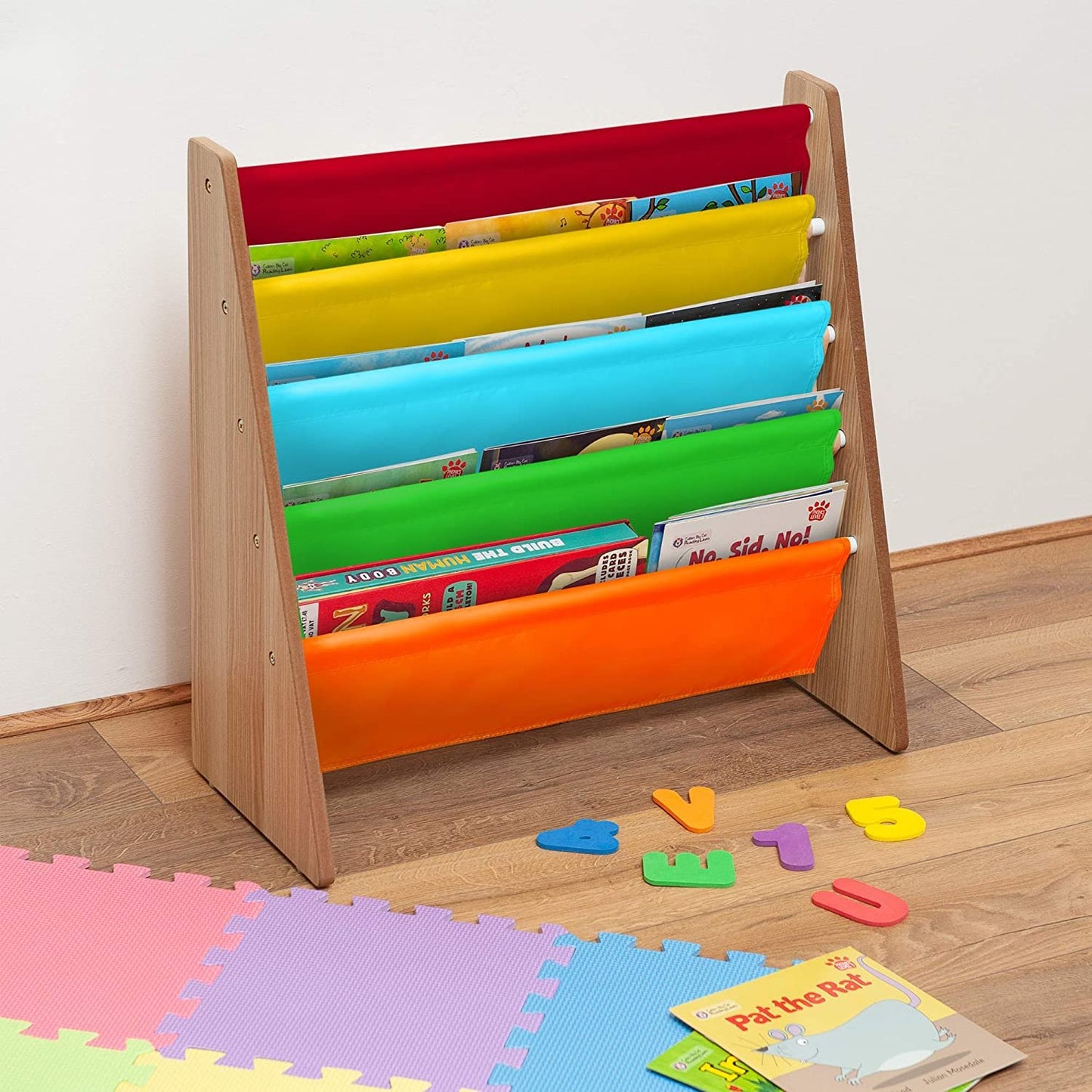 4 Pockets Children's Colorful Sling Storage Bookshelf – Easy Access Wooden Book Storage Rack