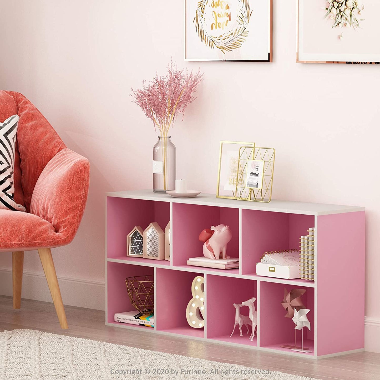 7-Cube Reversible Open Shelf Bookcase, White/Pink