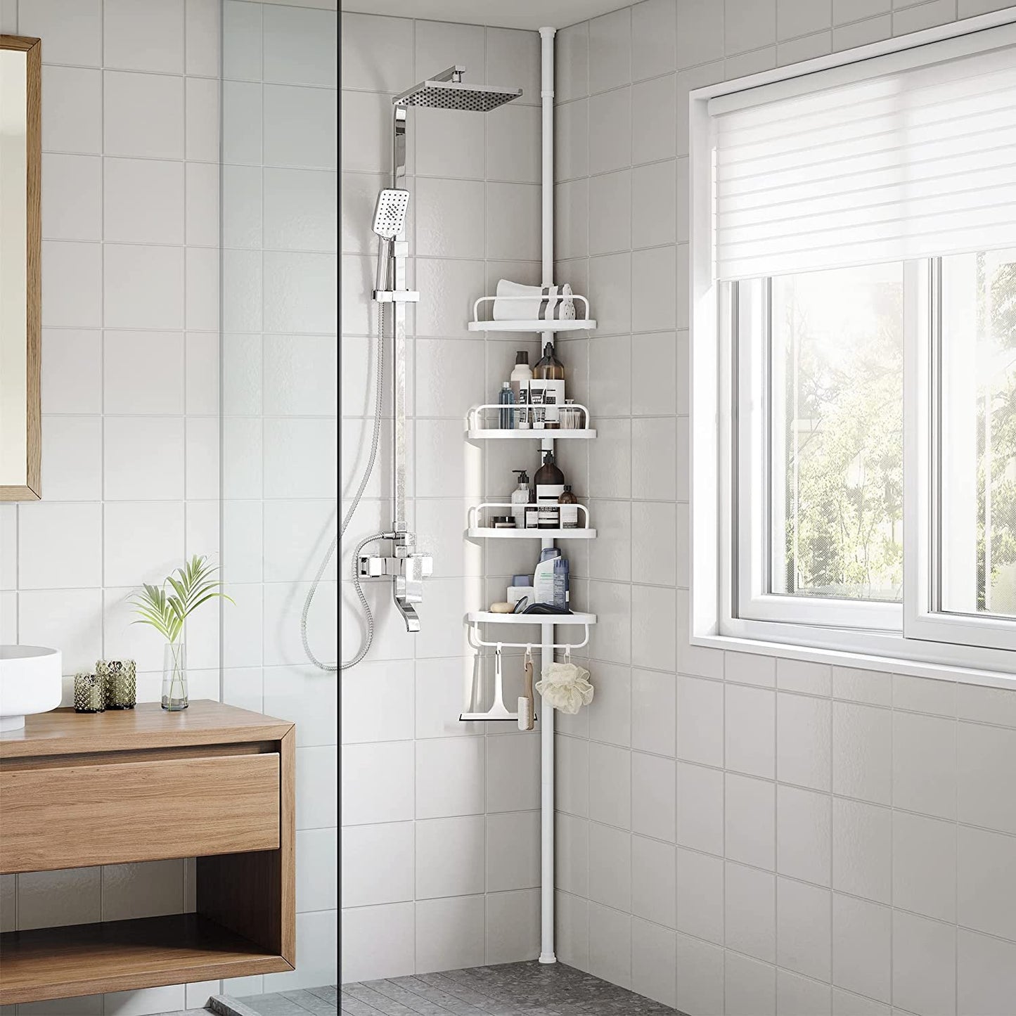 Adjustable Bathroom Corner Shelf, Telescopic Shower Caddy, with 4 Trays, 3 Hooks, White