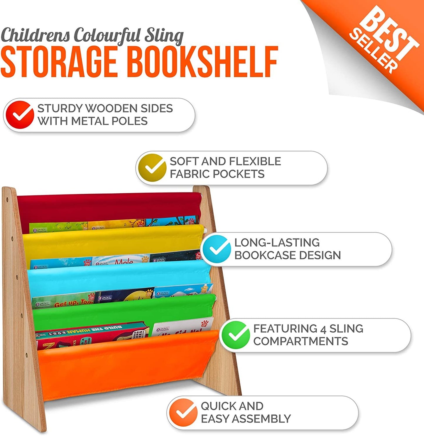 4 Pockets Children's Colorful Sling Storage Bookshelf – Easy Access Wooden Book Storage Rack