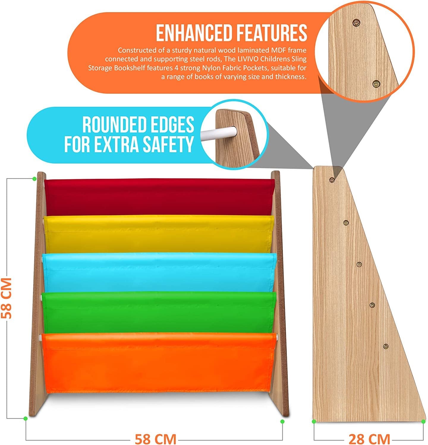 4 Pockets Children's Colorful Sling Storage Bookshelf – Easy Access Wooden Book Storage Rack