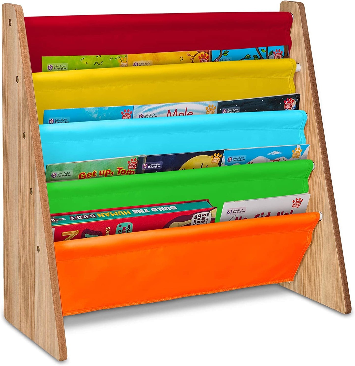 4 Pockets Children's Colorful Sling Storage Bookshelf – Easy Access Wooden Book Storage Rack