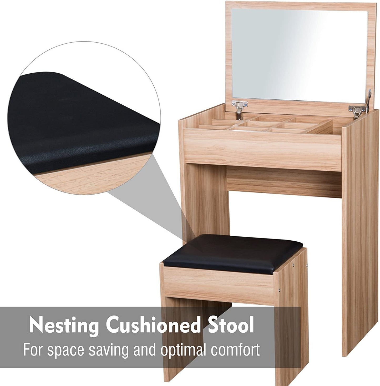 Dressing Table Set Padded Stool Dresser with Flip-up Mirror Multi-purpose
