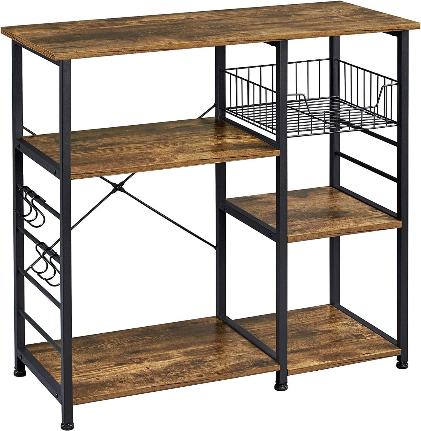 Baker's Rack Kitchen Island Microwave Storage Rack w/ Metal Mesh Basket Shelves & 6 Hooks