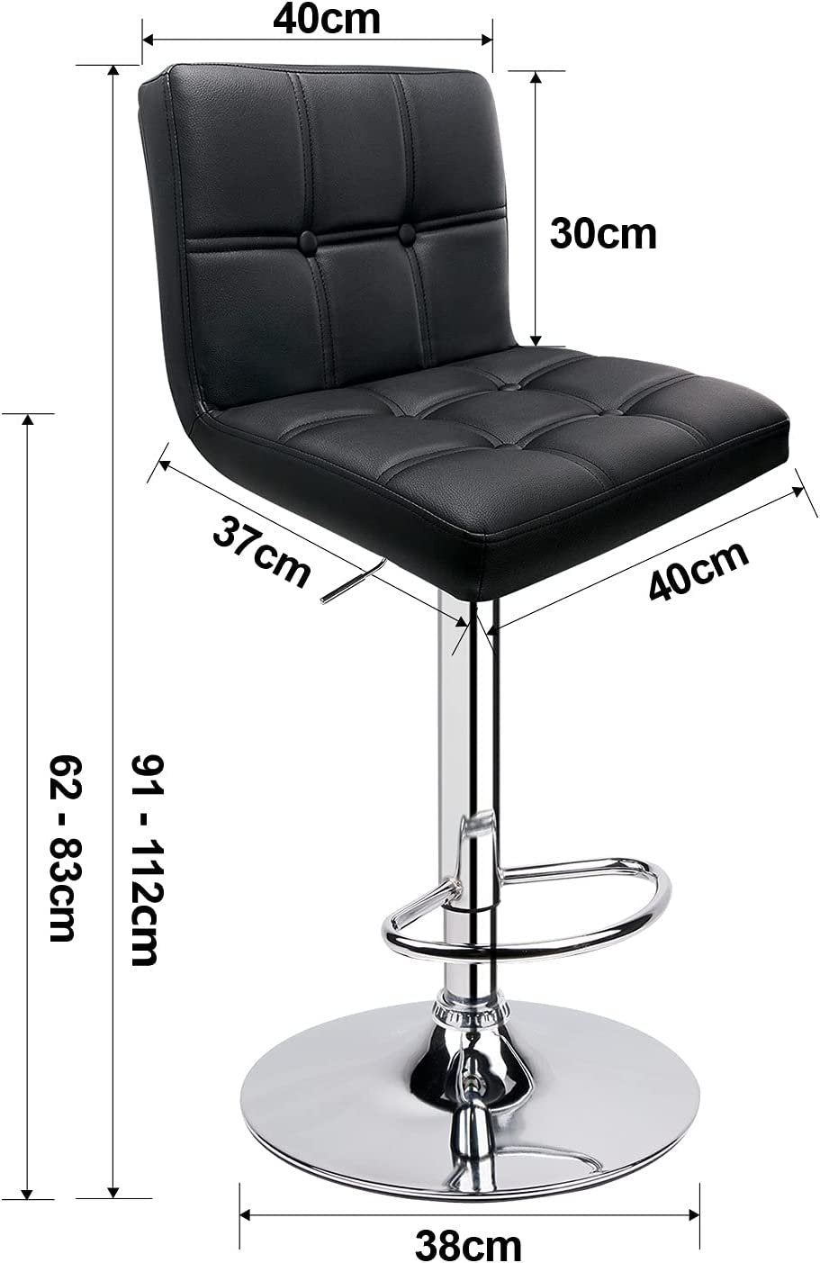 2 Set Bar Stools Adjustable Bar Chairs PU Leather, Black