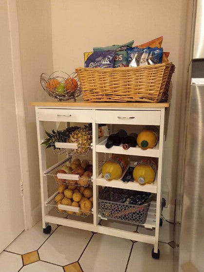 Rolling Kitchen Portable Island Kitchen Trolley with Drawers and Open Shelf, White