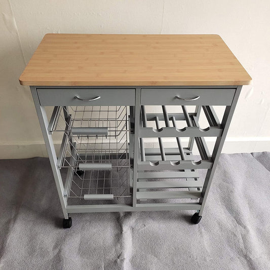 Rolling Kitchen Portable Island Kitchen Trolley with Drawers and Open Shelf, Grey
