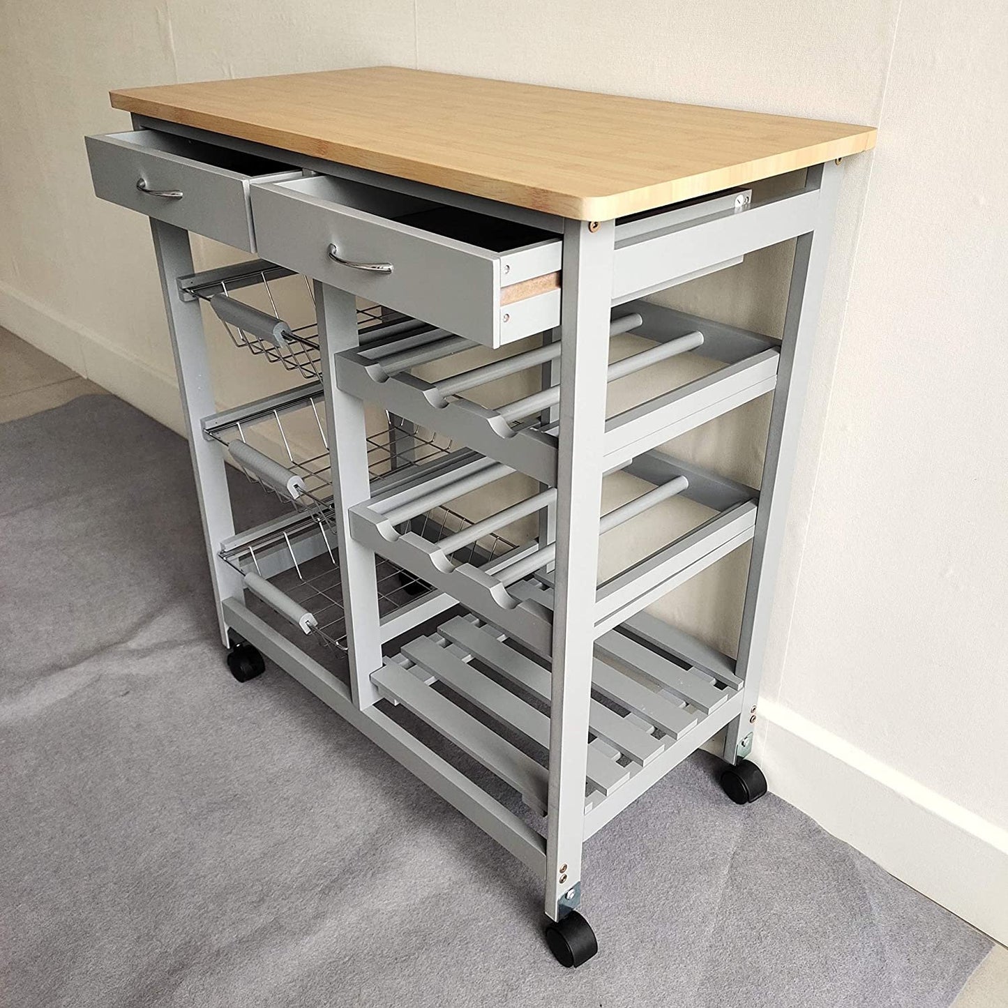 Rolling Kitchen Portable Island Kitchen Trolley with Drawers and Open Shelf, Grey