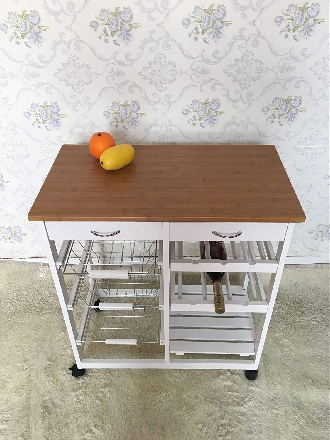 Rolling Kitchen Portable Island Kitchen Trolley with Drawers and Open Shelf, White