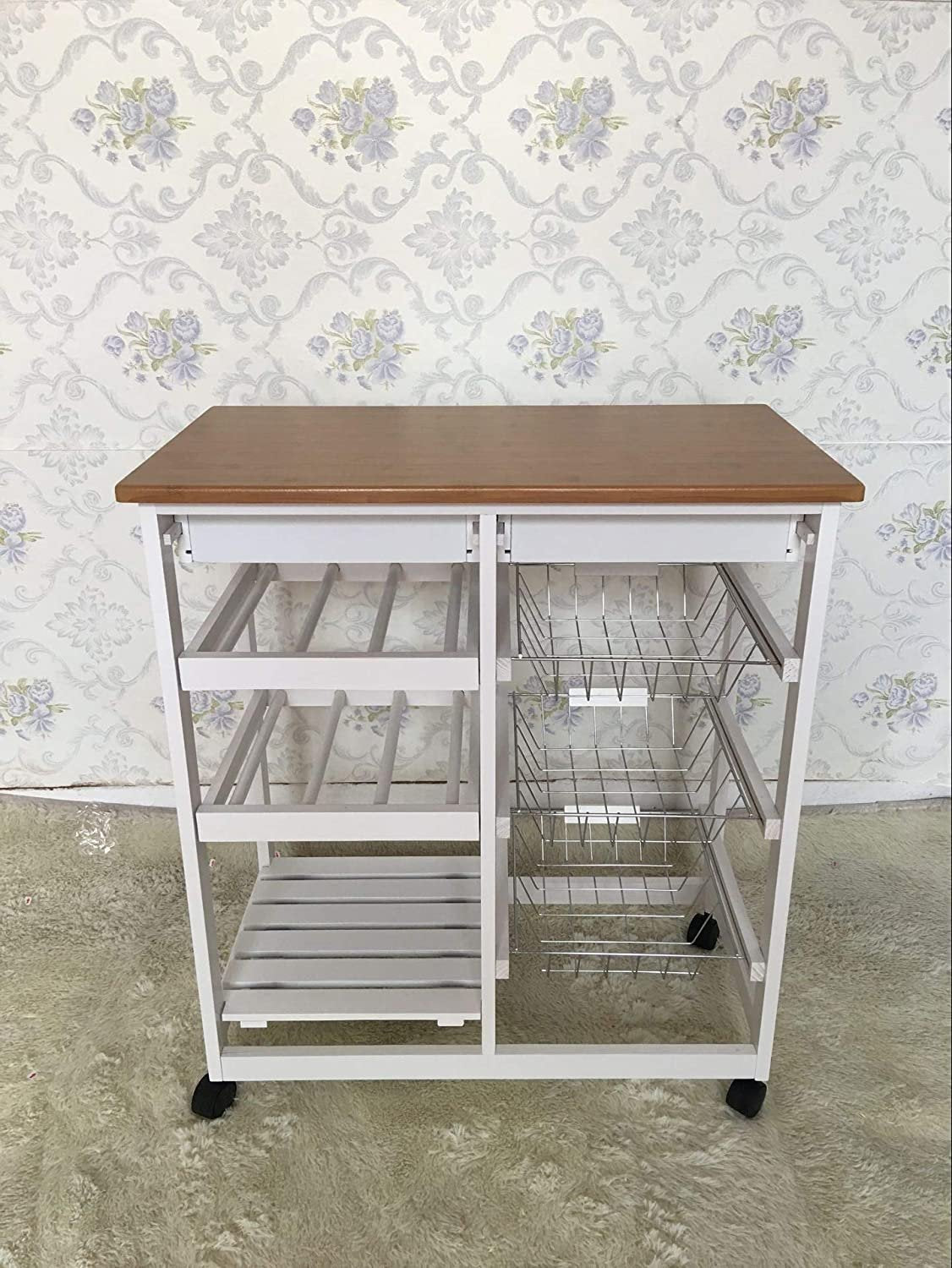 Rolling Kitchen Portable Island Kitchen Trolley with Drawers and Open Shelf, White
