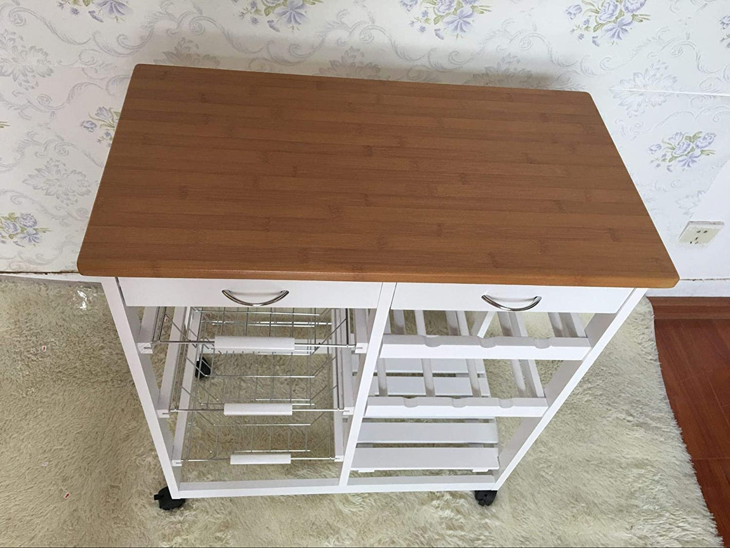 Rolling Kitchen Portable Island Kitchen Trolley with Drawers and Open Shelf, White