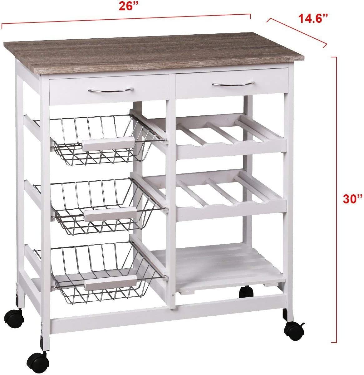 Rolling Kitchen Portable Island Kitchen Trolley with Drawers and Open Shelf, White