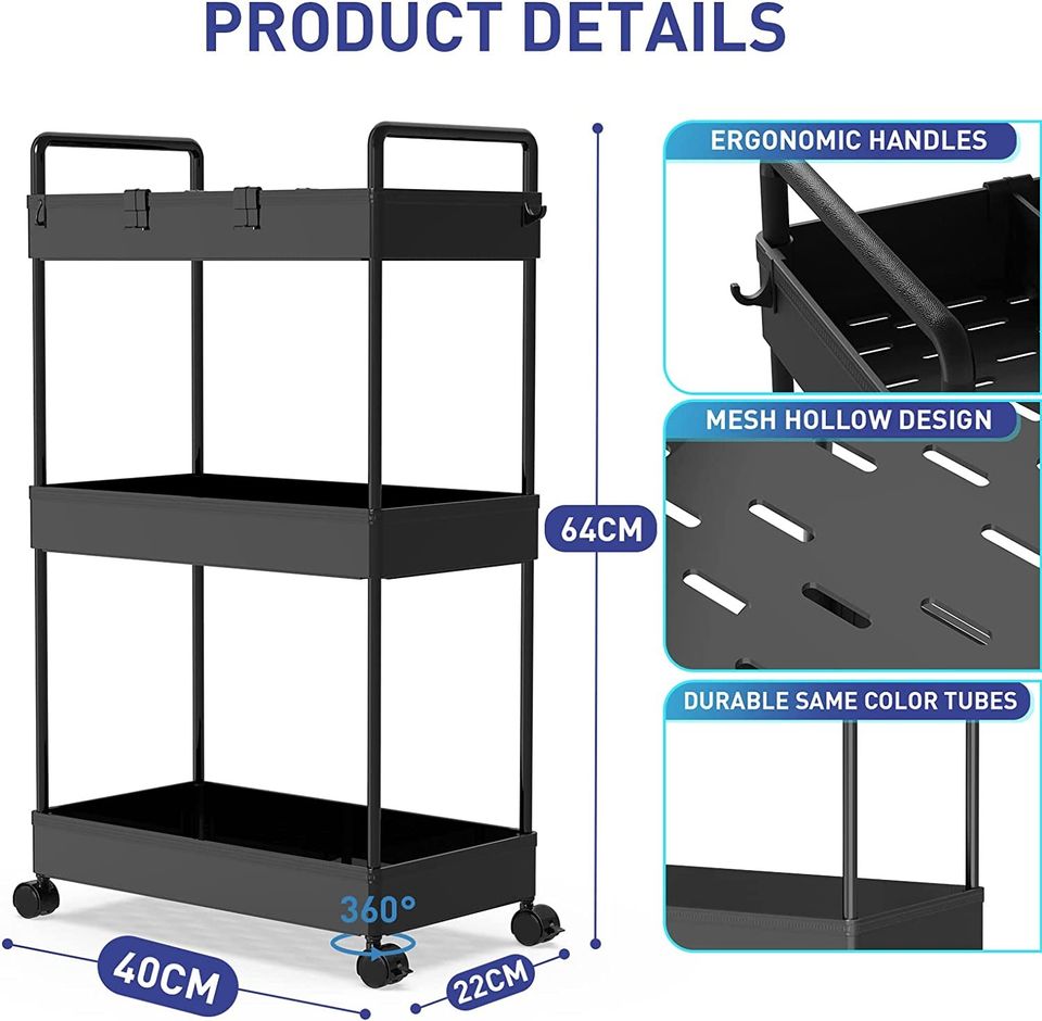 3 Tier Rolling Cart Storage Organizer Utility Rolling Cart with Hooks FREE SHIPPING